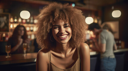 Portrait of beautiful african american woman with curly hair smiling in bar. Generated AI