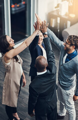 Teamwork, high five and success with business people in office for support, winner and motivation....