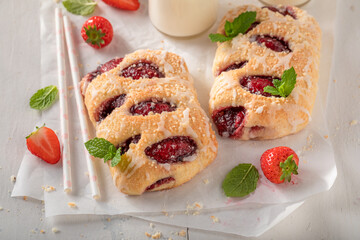 Sweet strawberry yeast cake as summer snack.