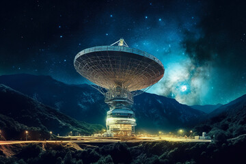 The big scientific observatory antenna against a backdrop of a starry night sky