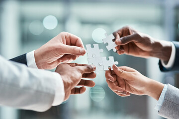 Solution, business puzzle and group of people hands for goals, project integration and workflow or success. Team building, progress and development of problem solving game, synergy or collaboration - obrazy, fototapety, plakaty