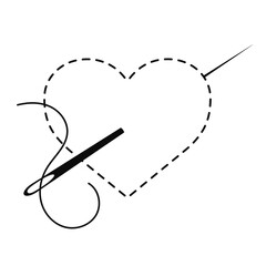 Silhouette of heart with interrupted contour. Vector illustration of handmade work with embroidery thread and sewing needle on white background.