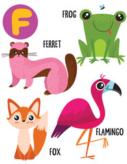 English alphabet with cute animals vector illustrations set. Funny cartoon animals: ferret, fox, flamingo, frog. Alphabet design in a colorful style.