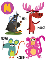 English alphabet with cute animals vector illustrations set. Funny cartoon animals: mouse, mole, monkey, moose. Alphabet design in a colorful style.
