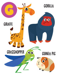 English alphabet with cute animals vector illustrations set. Funny cartoon animals: giraffe, gorilla, grasshopper, guinea pig. Alphabet design in a colorful style.
