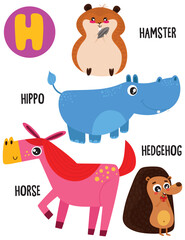 English alphabet with cute animals vector illustrations set. Funny cartoon animals: horse, hamster, hedgehog, hippo. Alphabet design in a colorful style.