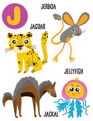 English alphabet with cute animals vector illustrations set. Funny cartoon animals: jaguar, jackal, jerboa, jellyfish. Alphabet design in a colorful style.