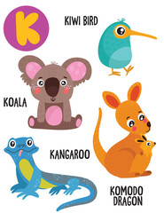 English alphabet with cute animals vector illustrations set. Funny cartoon animals: komodo dragon, koala, kangaroo, kiwi bird. Alphabet design in a colorful style.