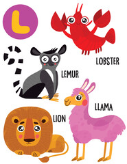 English alphabet with cute animals vector illustrations set. Funny cartoon animals: lemur, lobster, lion, llama. Alphabet design in a colorful style.