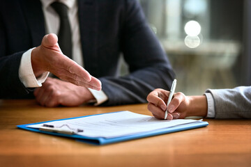 Business people, hands and contract or signature for deal, partnership and legal paperwork, law...