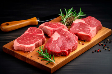 Set of raw meat steaks on cutting board. Generative AI