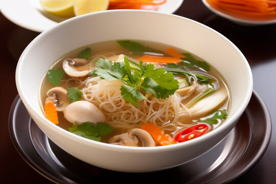 Noodle soup with vegetables and seafood, Asian cuisine. Generative AI
