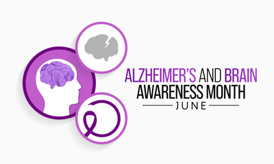 Alzheimer's and Brain awareness month is observed every year in June. it is an irreversible, progressive brain disorder that slowly destroys memory and thinking skills. Vector illustration