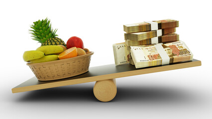 Inflation in Pakistan, Weighing Pakistani currency against foodstuffs, high cost of living, 3d rendering