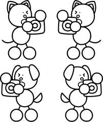 カメラで撮影するわんまるとにゃんまるの線画セット　犬　猫