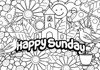 Happy Sunday typography text vector illustration with Church doodle decoration