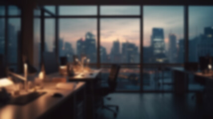 Blurred workplace with cityscape, office in the evening, interior for AI generated business presentation background