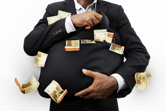 Black Businessman holding black bag full of Pakistani Rupee notes isolated on transparent background, money falling from bag