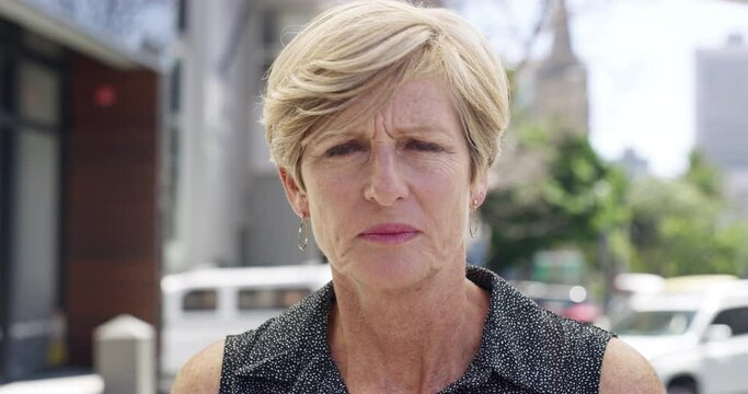 Wow, mature woman and face in the city for announcement, news and conversation. Australia, shock and portrait of person with surprise reaction, listening to gossip and a surprised at a rumor in town