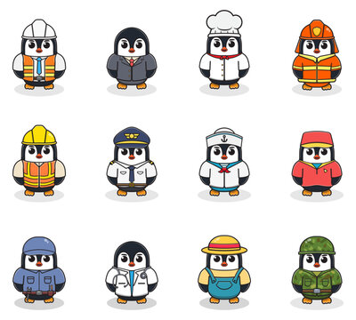 Vector set of cute Penguin with different professions. Cartoon cute Penguin dressed in different occupation uniform. Vector characters with jobs different occupation.