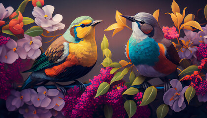 Obraz premium Two colorful birds sitting on some flowers, peaceful, lovely