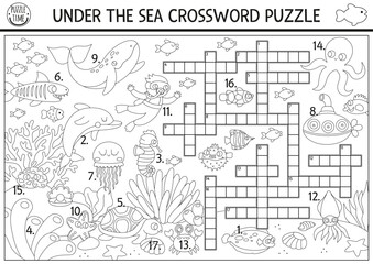 Vector black and white under the sea crossword puzzle for kids. Simple ocean life line quiz with marine landscape for children. Educational activity, coloring page with fish, submarine, water animals.