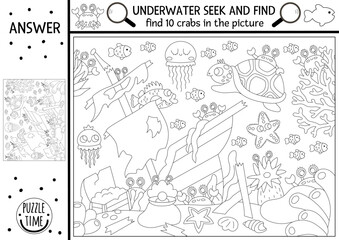 Vector black and white under the sea searching game with sea landscape, wrecked ship. Spot hidden crabs. Simple ocean life seek and find printable activity, coloring page for kids. Water animal hunt.