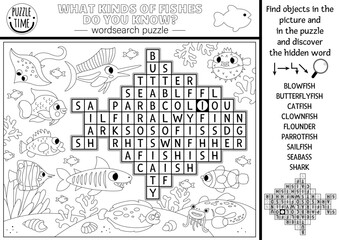 Vector black and white under the sea word search puzzle for kids. Simple ocean life line word search quiz for children. Water animals and fish coloring page. What kinds of fishes do you know.