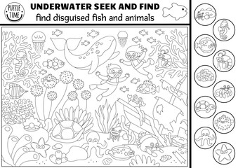 Vector black and white under the sea searching game with sea landscape, divers. Spot hidden fish. Simple ocean life seek and find activity, coloring page for kids. Disguised water animals hunt.