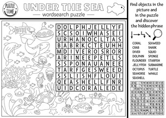 Vector black and white under the sea word search puzzle for kids. Simple ocean life line word search quiz for children. Water animals and fish educational activity, coloring page with octopus, diver.