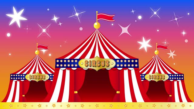 赤のサーカステントと夕暮れいっぱいに星がキラキラと輝く幻想的なビデオ背景イメージ