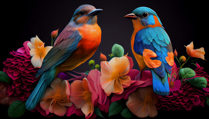 Obraz premium Two colorful birds sitting on some flowers, peaceful, lovely
