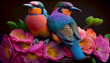 Obraz premium Two colorful birds sitting on some flowers, peaceful, lovely