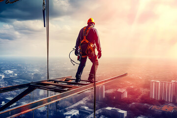 construction worker at height architecture, at high altitude, with safety ropes, generative ai
