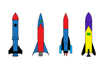 Set of rocket vector art. Launch spaceship or spacecraft. Rocket fast flying for space.