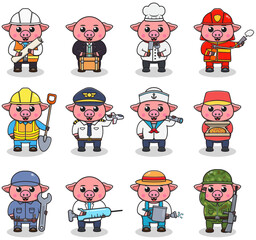 Cartoon Pig in professional uniform. Vector set of Pig different professions. Vector characters with jobs different occupation. Different jobs professionals. Isolated vector icons set © Heru