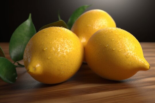 3d fresh lemons on a wooden table. AI generated