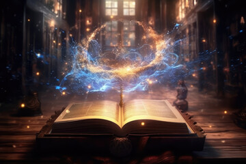 magic book open on desk sparkling lights pouring, generative ai