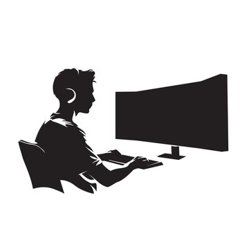 recommend clip art: Gaming, esport player sitting on chair and playing computer game, isolated vector silhouette