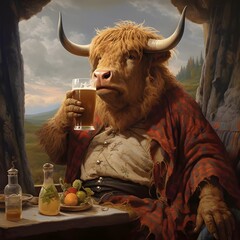 highland Cow Drinking Beer 01, AI Generated