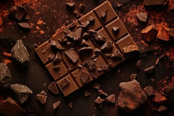 Vue de dessus des morceaux de barre de chocolat avec des pépites de chocolat sur fond de métal rouillé. Ai générative 