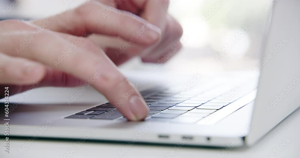 Poster hands, person and laptop typing on technology for research, email and planning digital information o