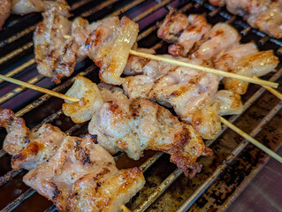 grilled pork on grill at street food Thailand. Grilled pork skewers