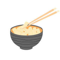 Tteokbokki is on a bowl vector stock illustration. Traditional Korean food. Chopsticks. rice cake, red pepper sauce and vegetables.Isolated on a white background.