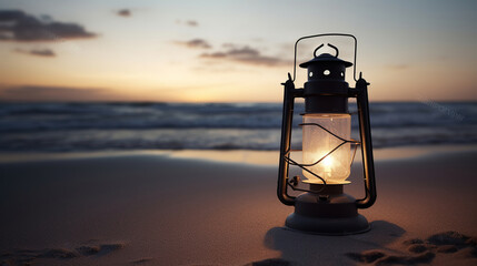 Lit lantern on the beach by sunset and storm, in the style of vintage-inspired, light black, Generative AI