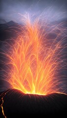 Photo pf the volcano erupting volcano. Background of rocks and hot molten lava. Volcanic eruption at night. Generative AI