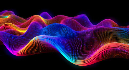 An abstract illustration of neon colourful wavy light dots mesh style digital background. A.I. generated.