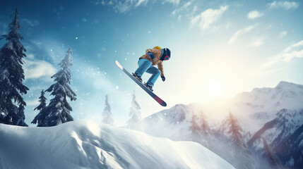 Naklejka na ściany i meble Spectacular Ski Jump by Winter Athlete on Mountain Peak, Generative AI