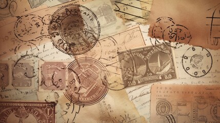 Fototapeta na wymiar Passport visas stamps on sepia textured, vintage travel background Generative AI