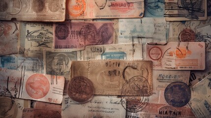Fototapeta premium Passport visas stamps on sepia textured, vintage travel background Generative AI